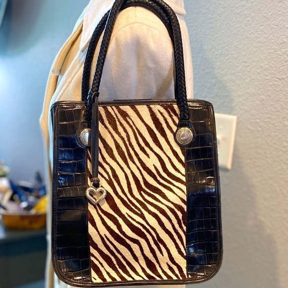 Brighton Handbags - BRIGHTON Authentic Black Leather Zebra Print Calf Hair Shoulder Bag